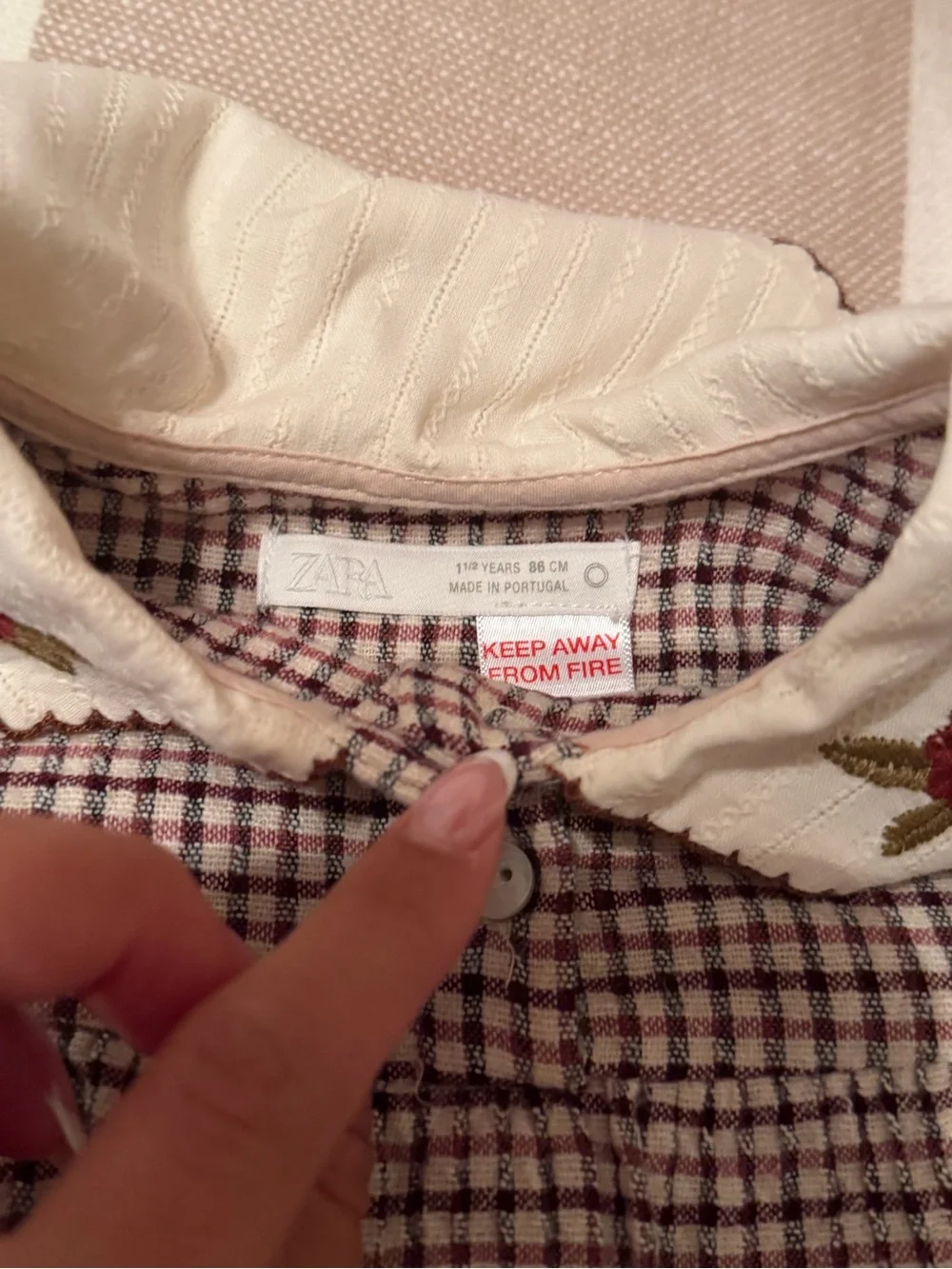 Zara Cream Collared Plaid Dress with Burgundy Check and Red Embroidery